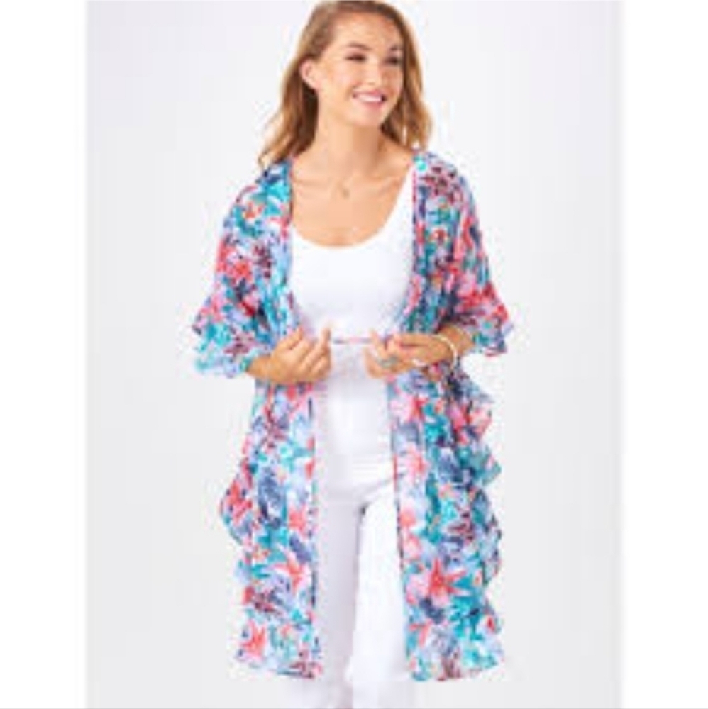 Charlie Paige Printed Tropical Sheer Kaftan Cover Up